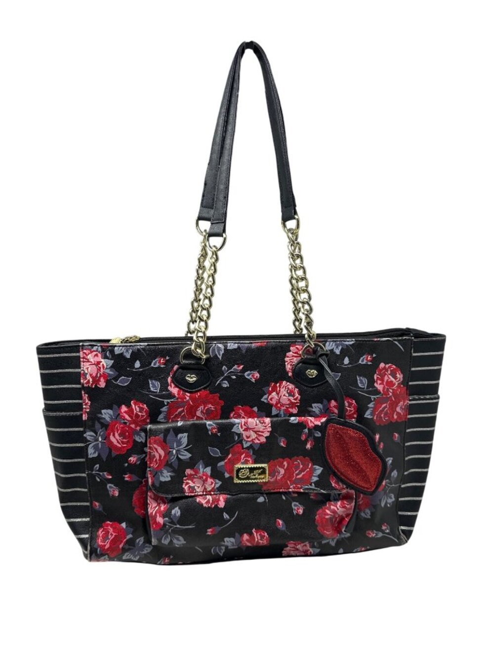 Betsey Johnson Black Tote with Red Rose Print and Gold Chain Straps